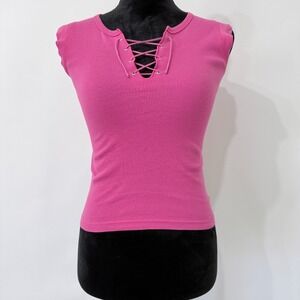 Abercrombie & Fitch Y2K Pink Lace-Up Baby Tee Small Coquette Fitted Crop Top